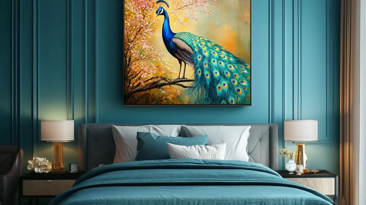 peacock painting in bedroom for wealth and health