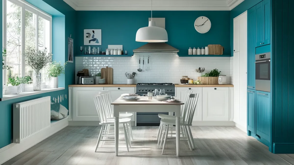 bright teal and soft cream for playful kitchen walls