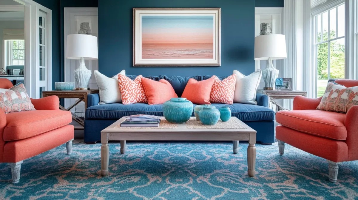 deep navy and soft coral for living room walls