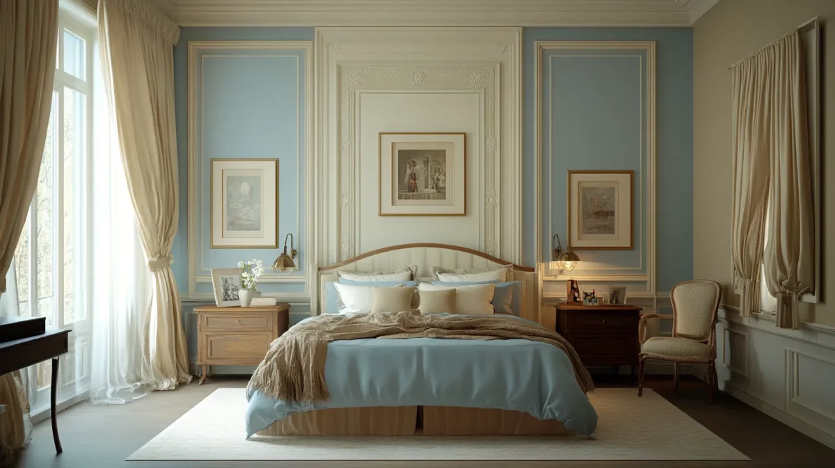 dusty blue and warm beige for elegant bedroom walls