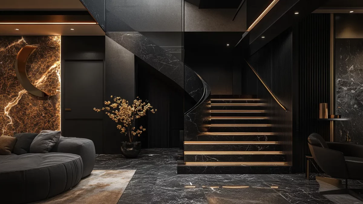 elegant charcoal and soft gold for stunning staircase walls