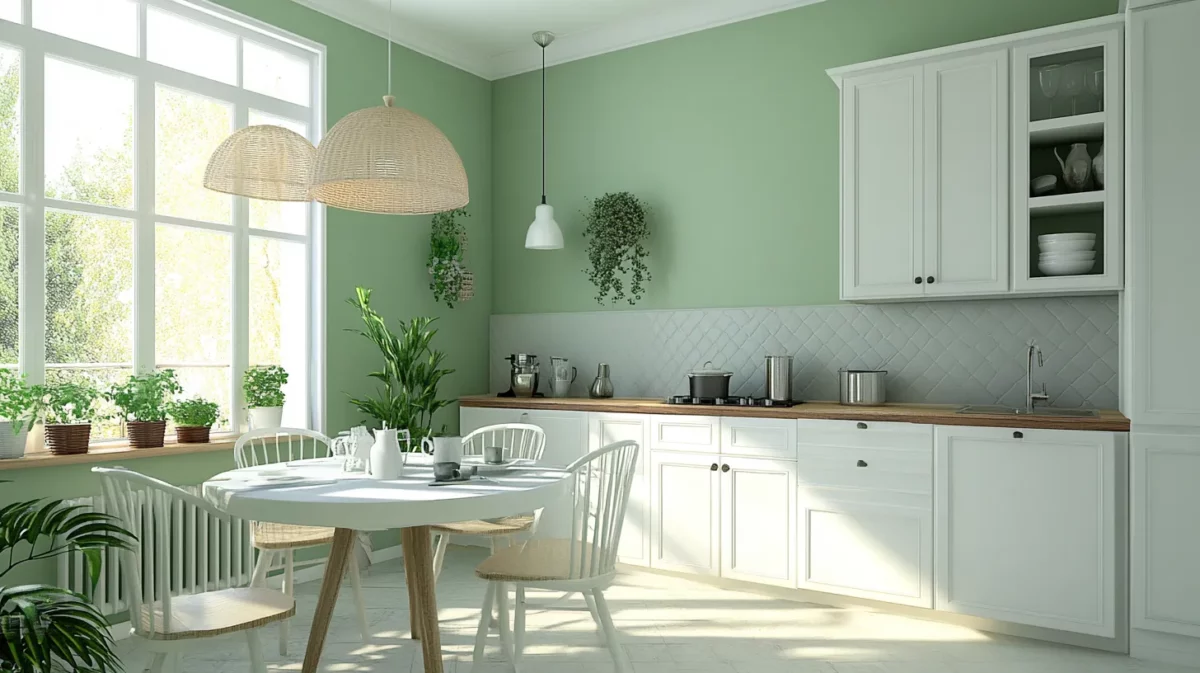 fresh sage and crisp white for inviting kitchen walls