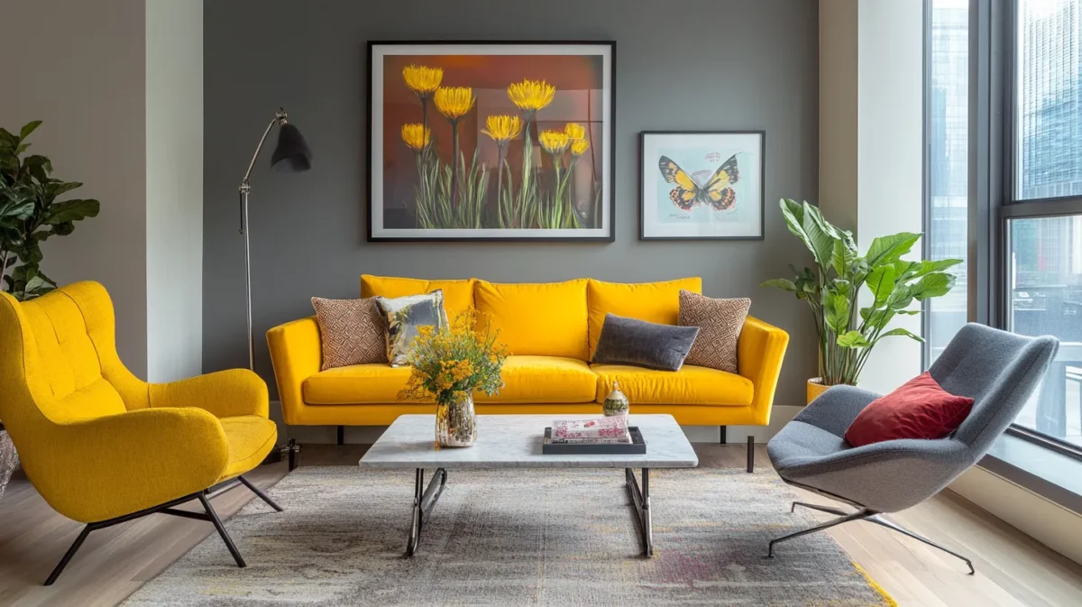 golden yellow and slate grey for dynamic living room walls