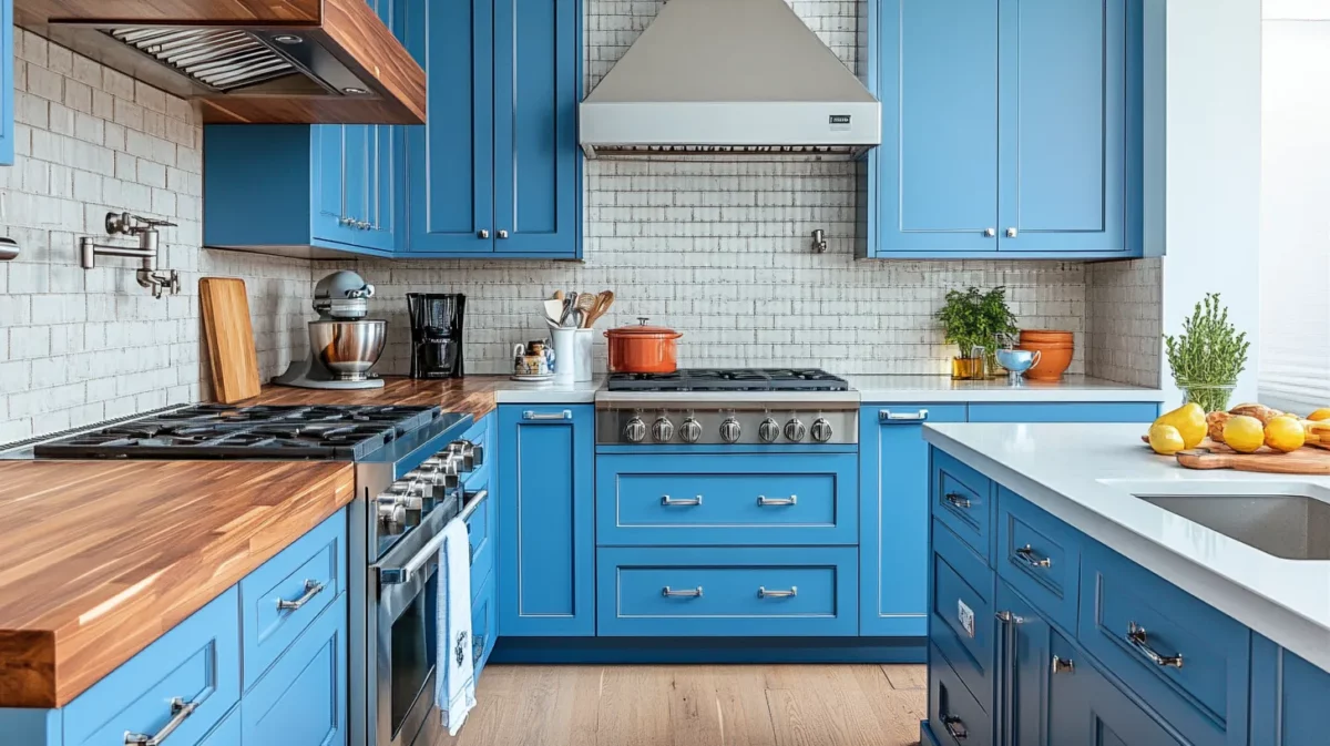 kitchen colour combination of blue and wood