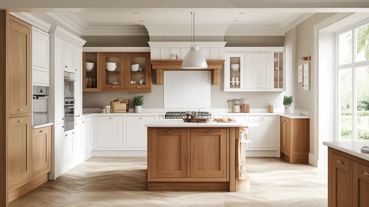 kitchen colour combination of classic white and wood