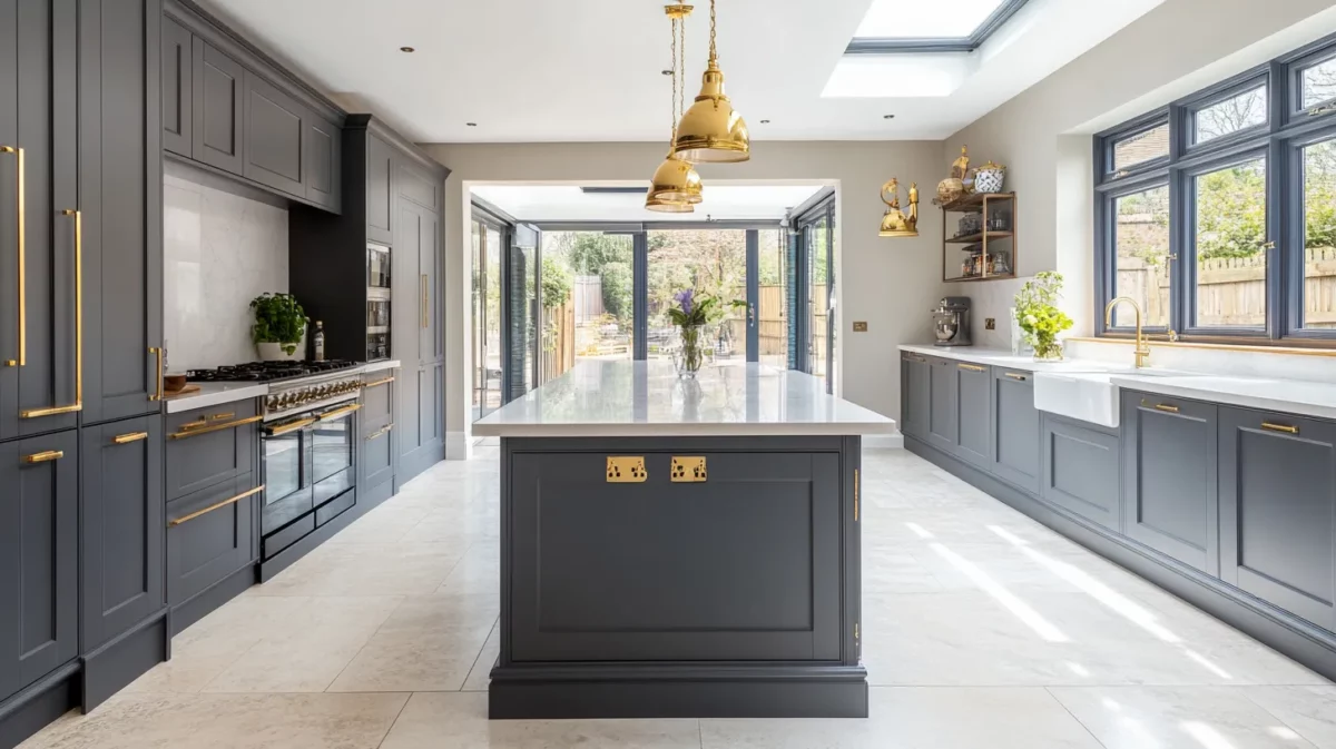 kitchen colour combination of grey gold and white