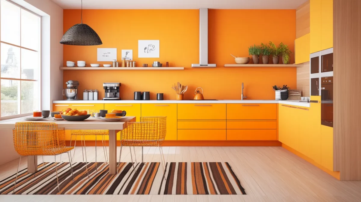 kitchen colour combination of orange white and brown