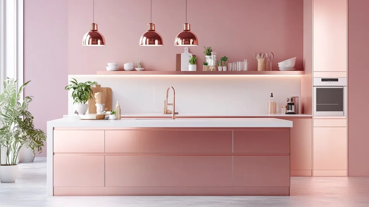 kitchen colour combination of rose gold and white