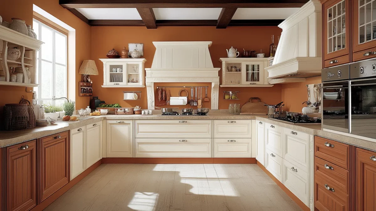 kitchen colour combination of terracotta and white