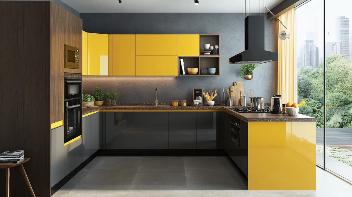 kitchen colour combination of yellow grey and brown