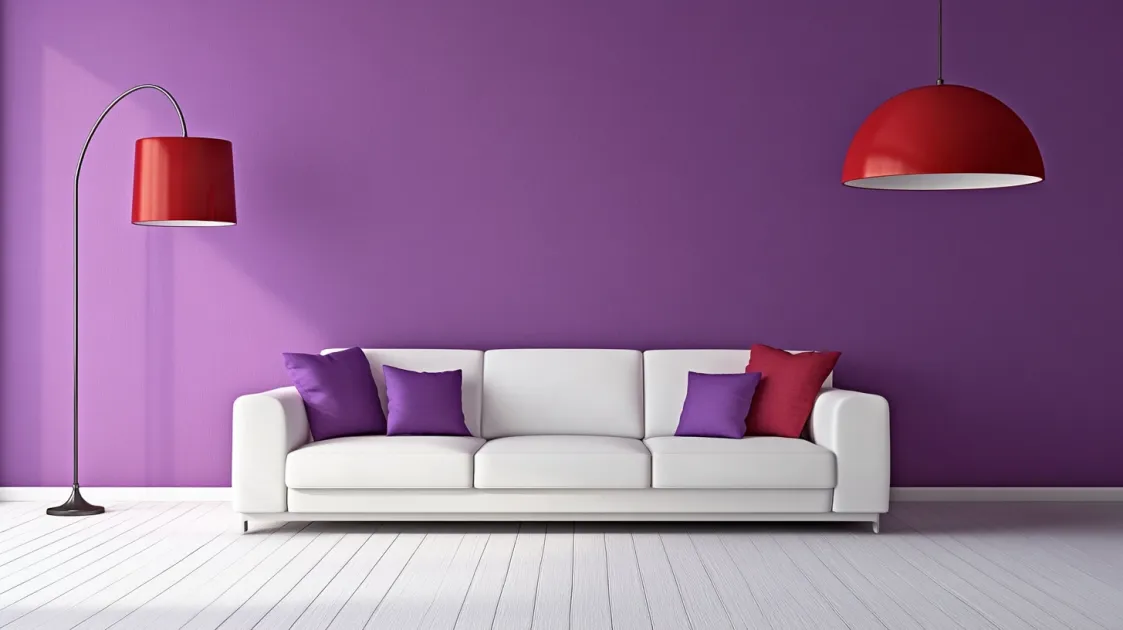 purple with white and red wall colour combination