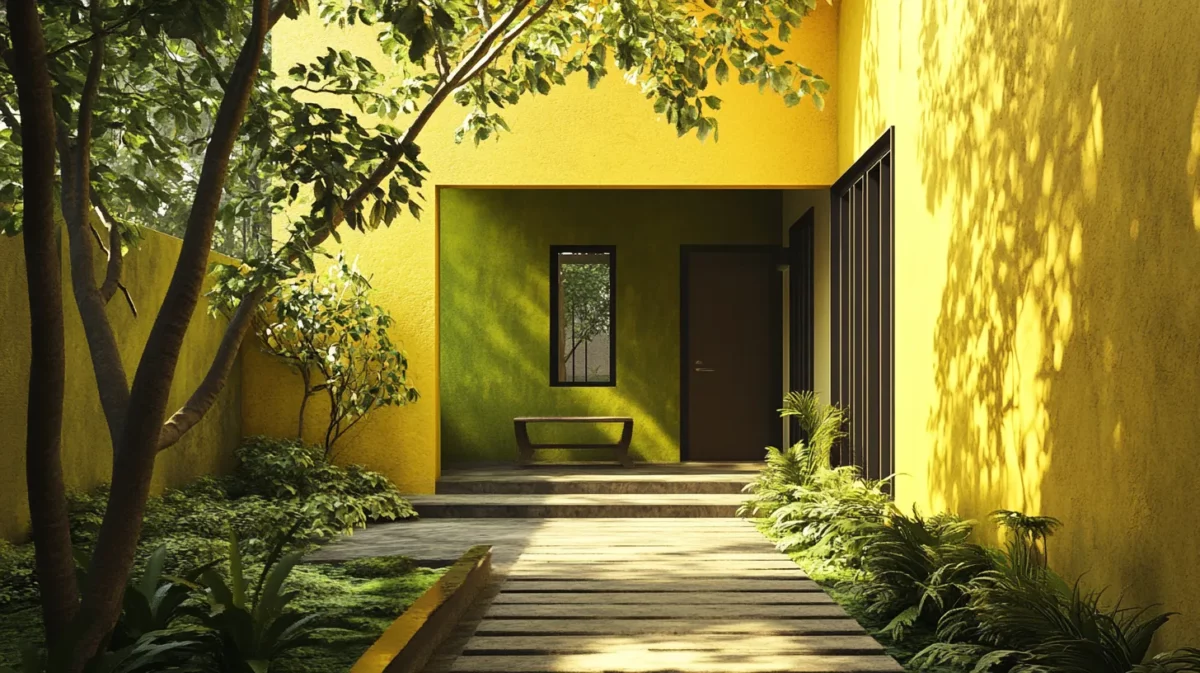 olive green and soft yellow for inviting outside walls