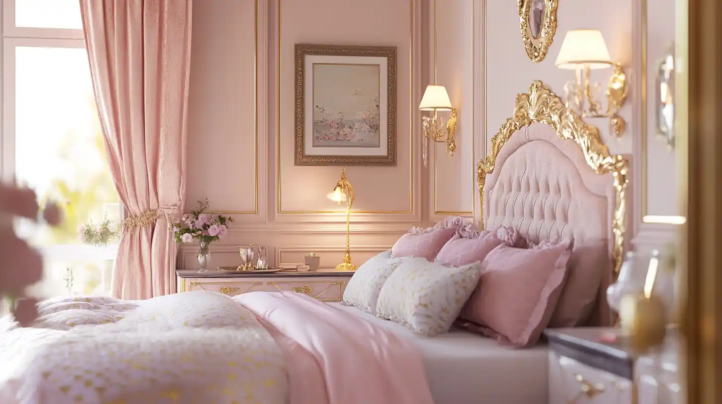 pink and gold bedroom wall colour combination