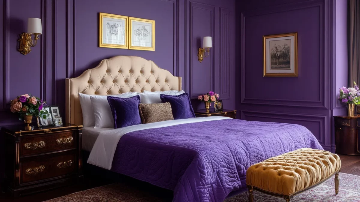 purple with golden yellow wall colour combination