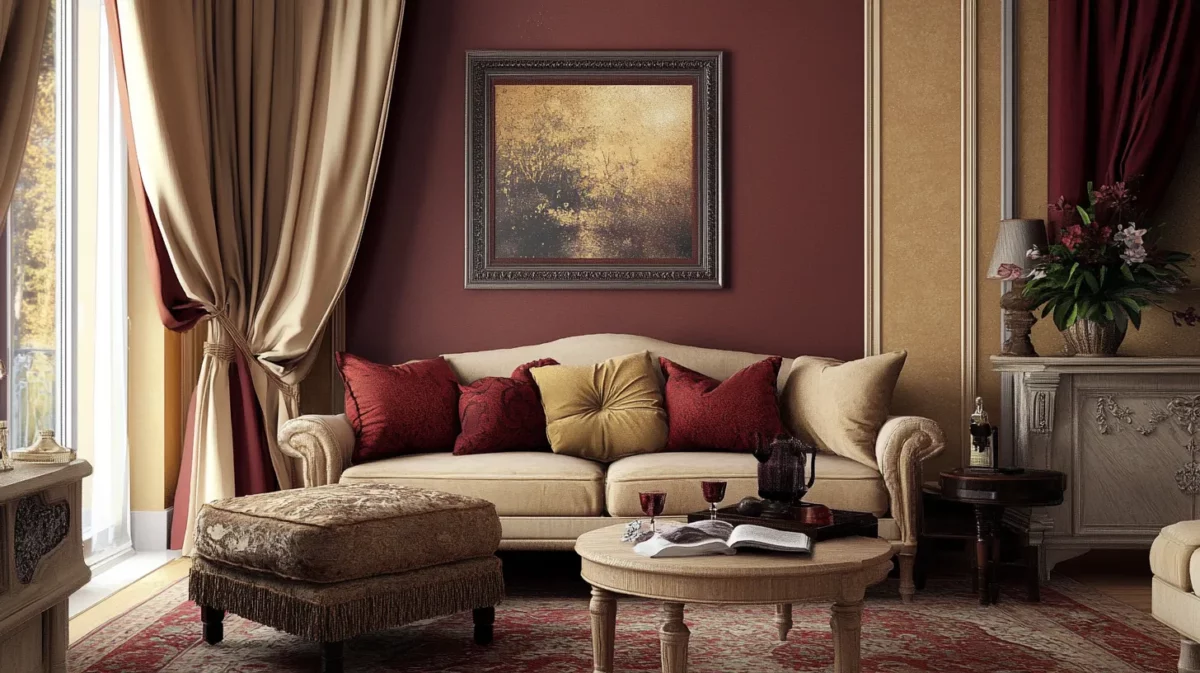 rich burgundy and creamy beige for luxurious living room walls