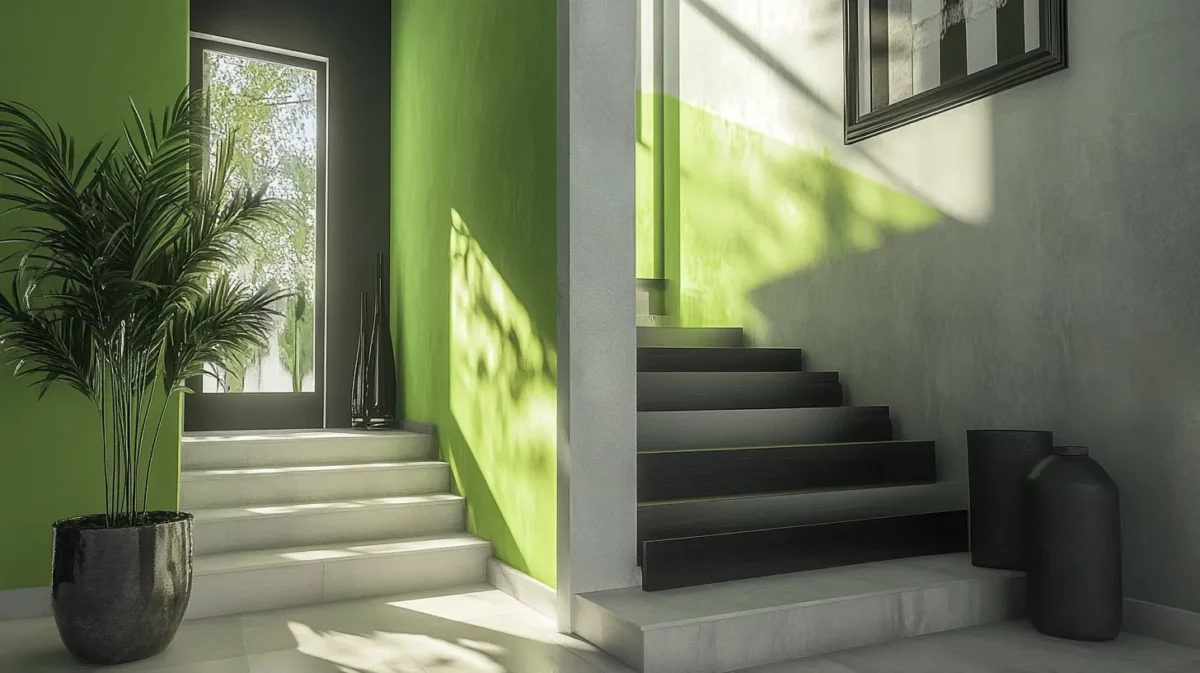 soft gray and vibrant green for modern staircase walls