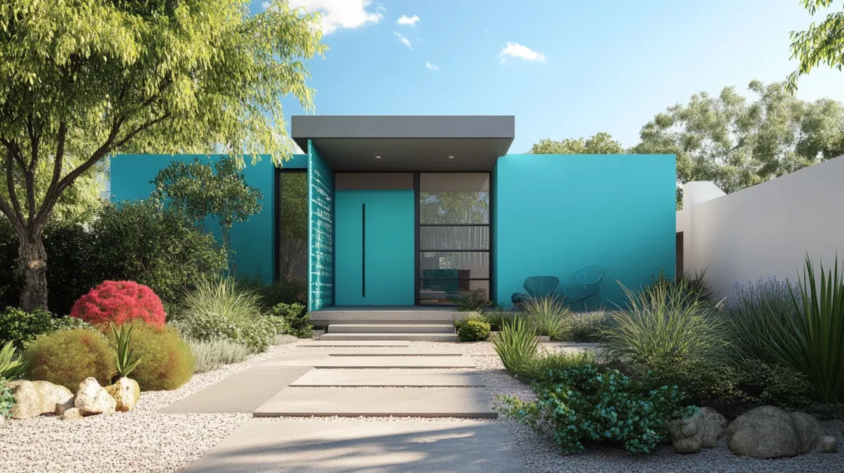 steel grey and vibrant turquoise for modern outside walls