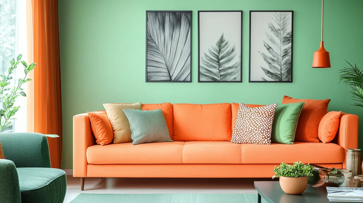 terracotta orange and soft mint for playful living room walls