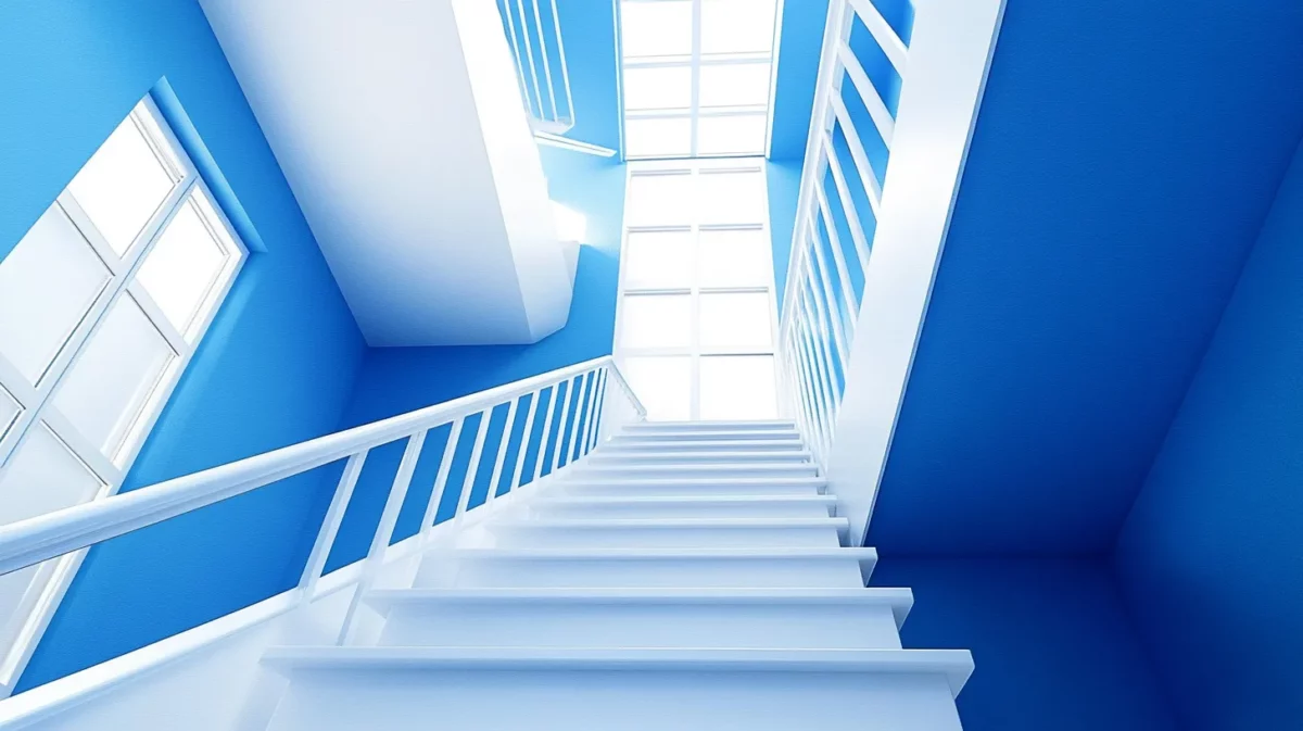 tranquil blue and crisp white for refreshing staircase walls