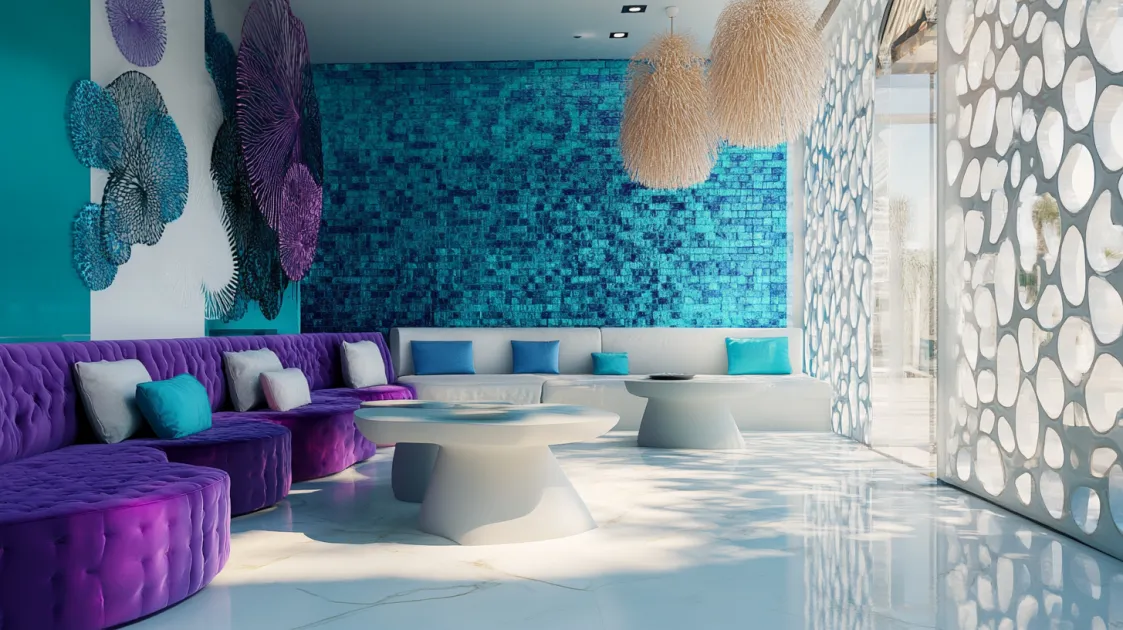 turquoise blue white and purple walls wall colour combination