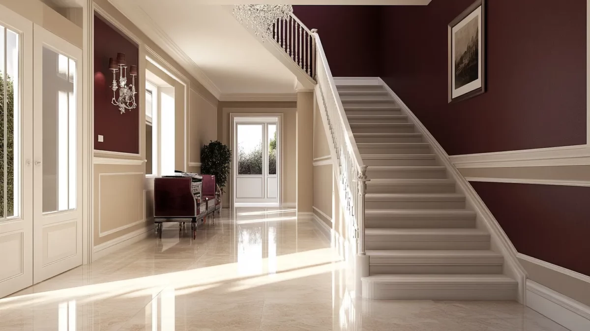 warm beige and rich burgundy for cozy staircase walls