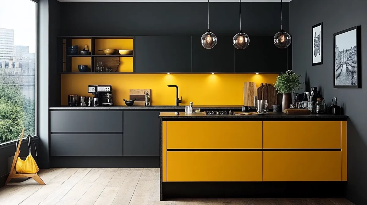 warm mustard and charcoal gray for modern kitchen walls