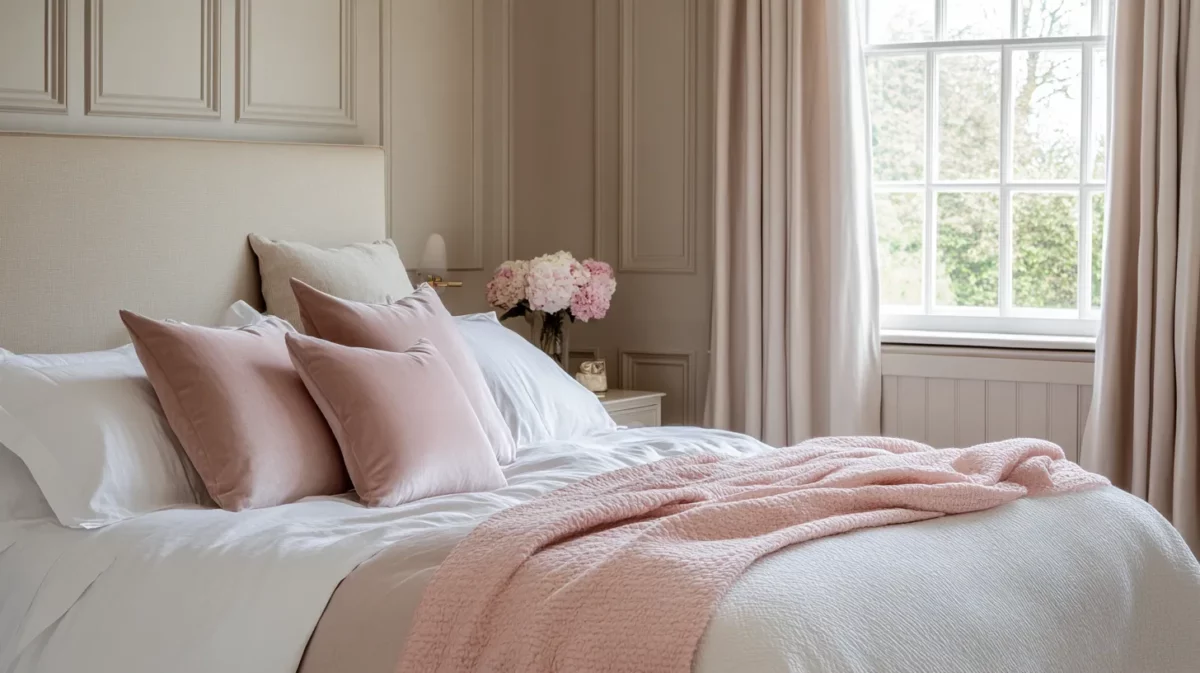 warm taupe and blush pink for cozy bedroom walls