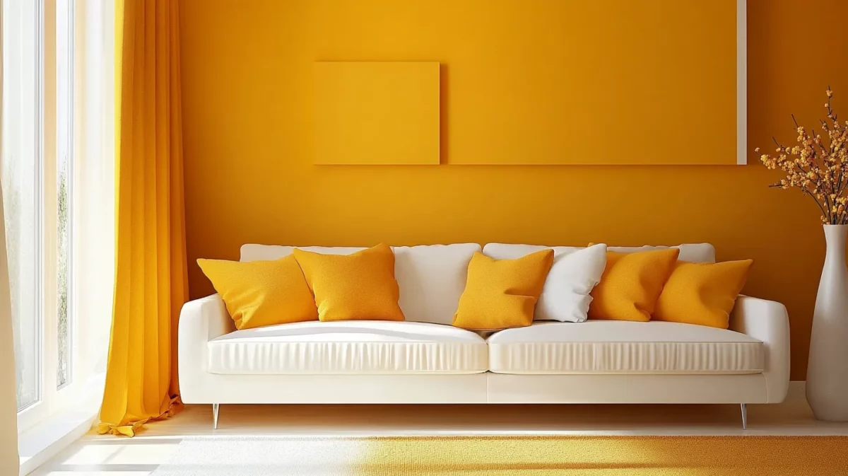 apricot orange and sunset yellow living room colour combination