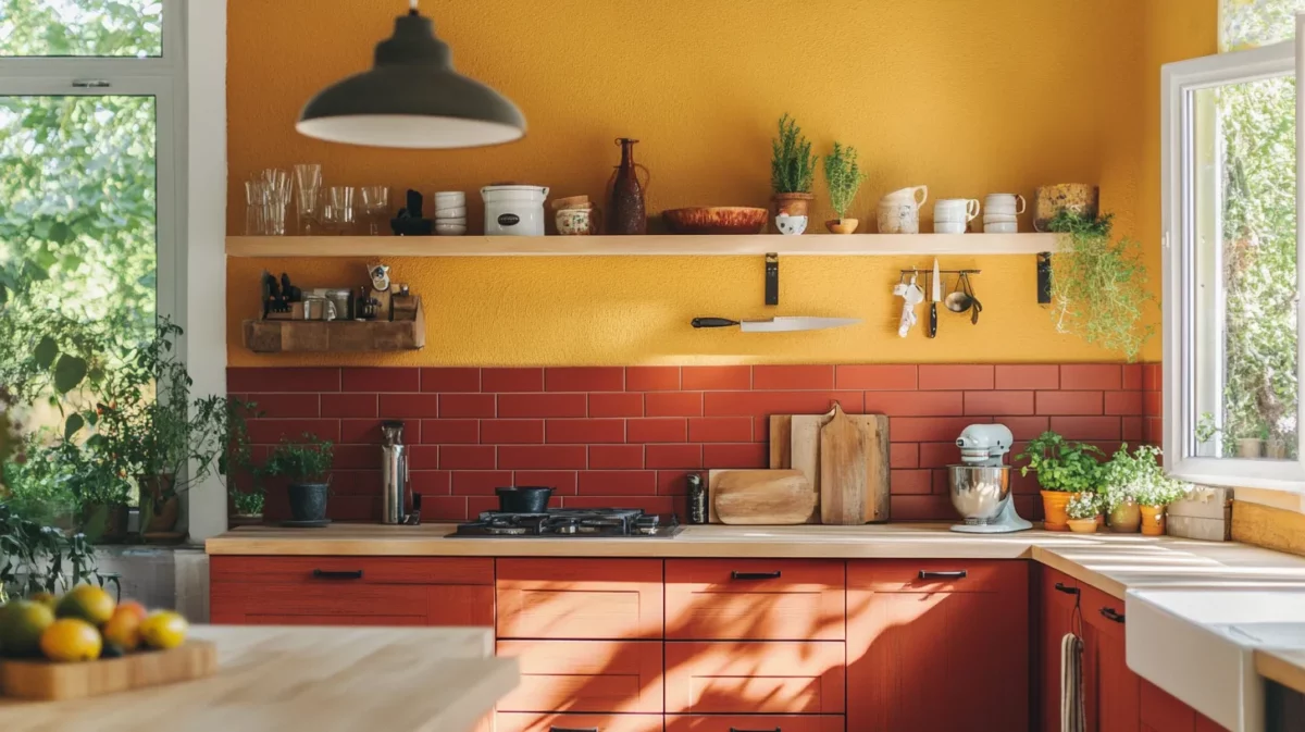 brick red and marigold kitchen wall colour idea