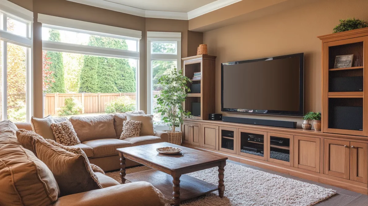 brown and seashell coloured walls living room colour combination