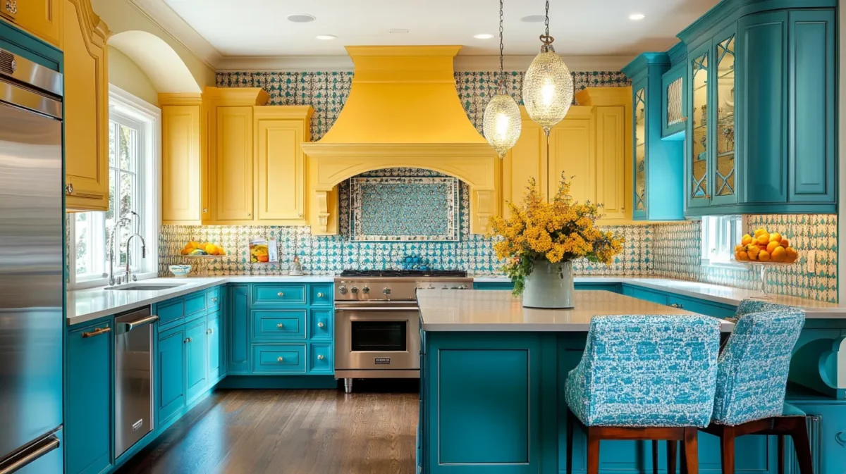 butterscotch yellow and turquoise kitchen wall colour