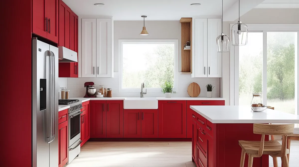 cherry red kitchen cabinets with white walls