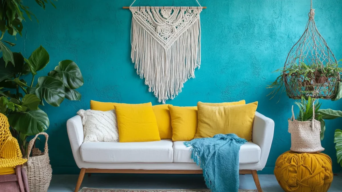 citrine yellow and turquoise living room colour combination