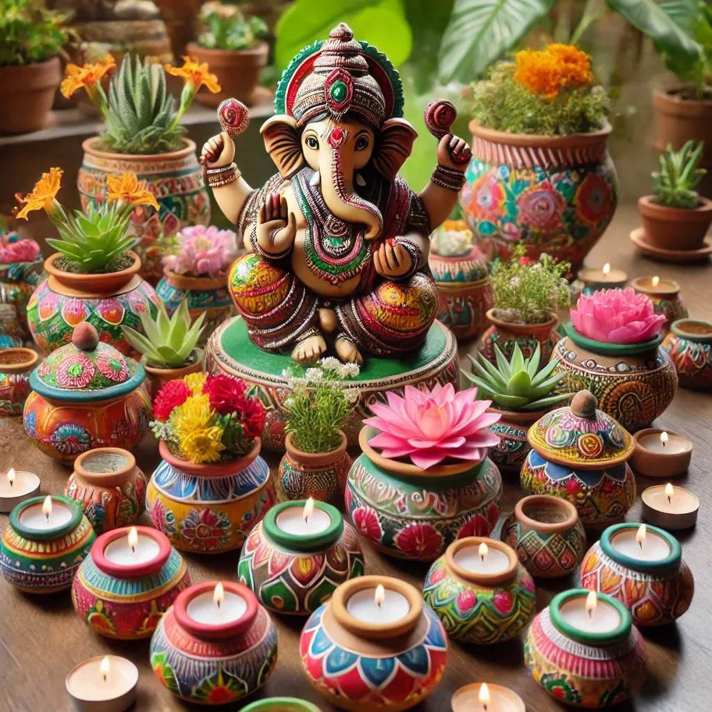 clay pot arrangement for ganpati decoration