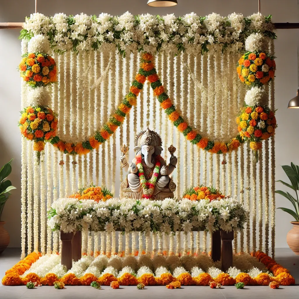 flower garland curtain ganpati decoration idea