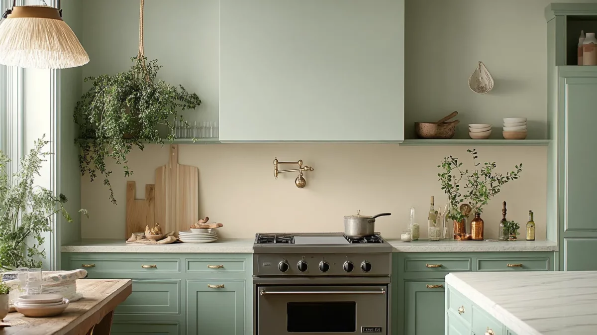 greige cream and muted mint colours idea for kitchen wall