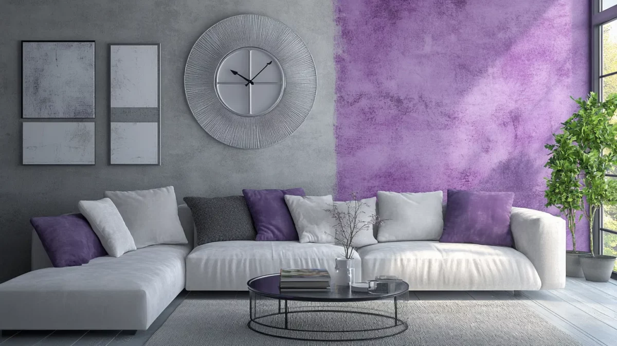 grey walls with a lilac textured living room colour combination