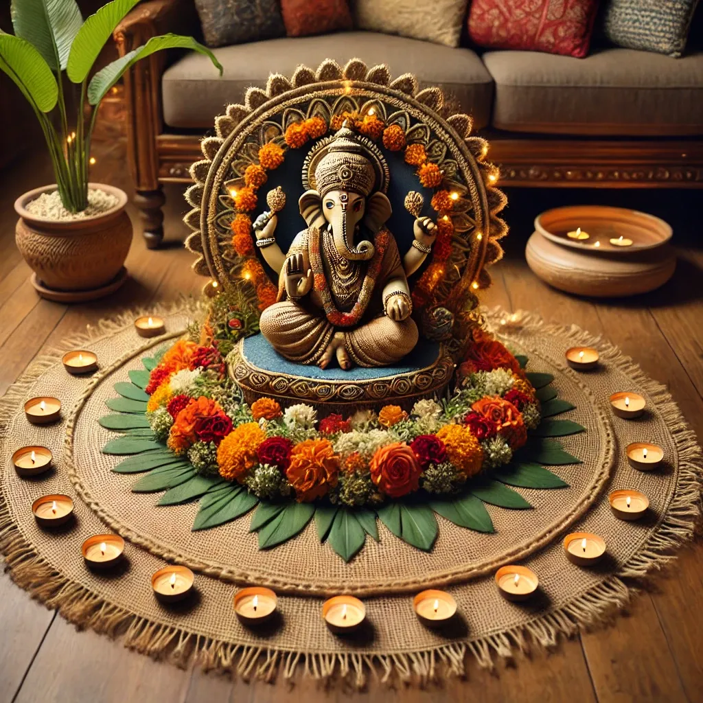 jute mats ganpati decoration idea