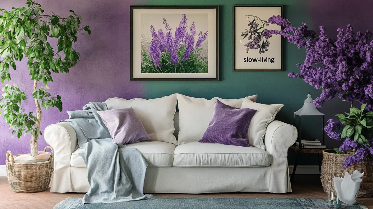 lilac and green colours for living room by asian paints