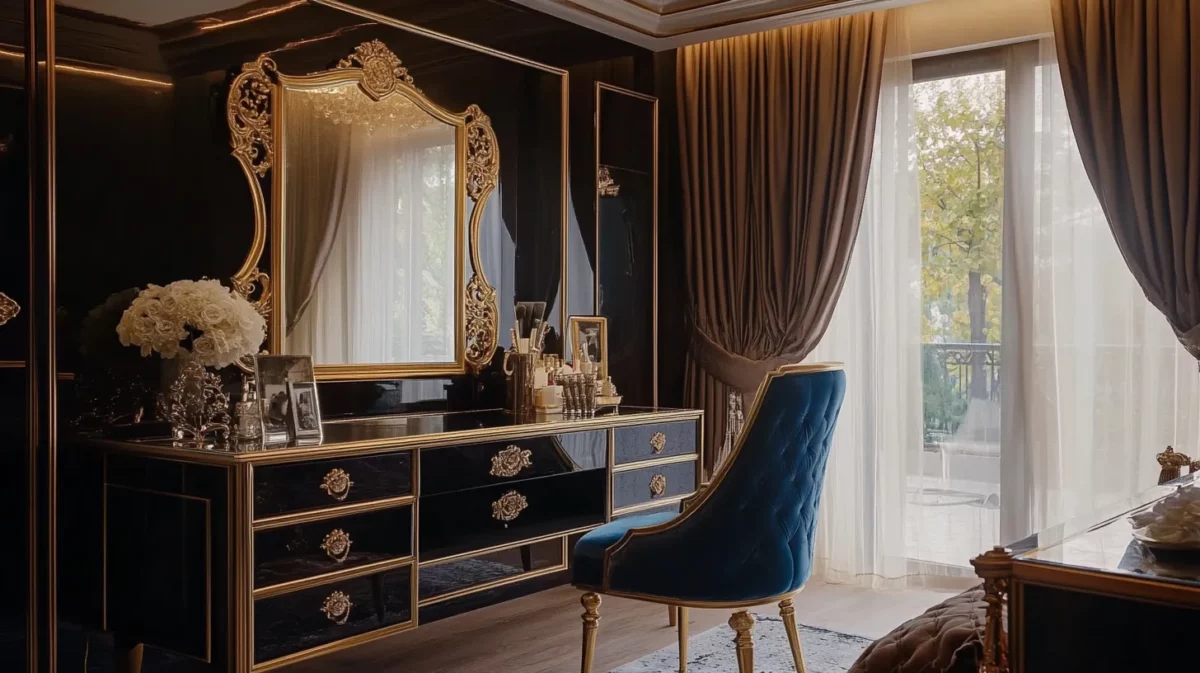 luxurious dressing table design with a touch of gold