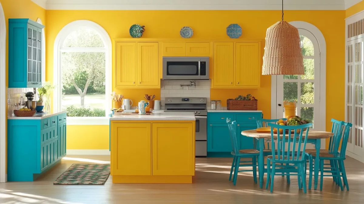 marigold yellow and turquoise asian paint kitchen colours