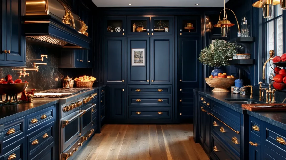 navy blue kitchen cabinets with bronze walls