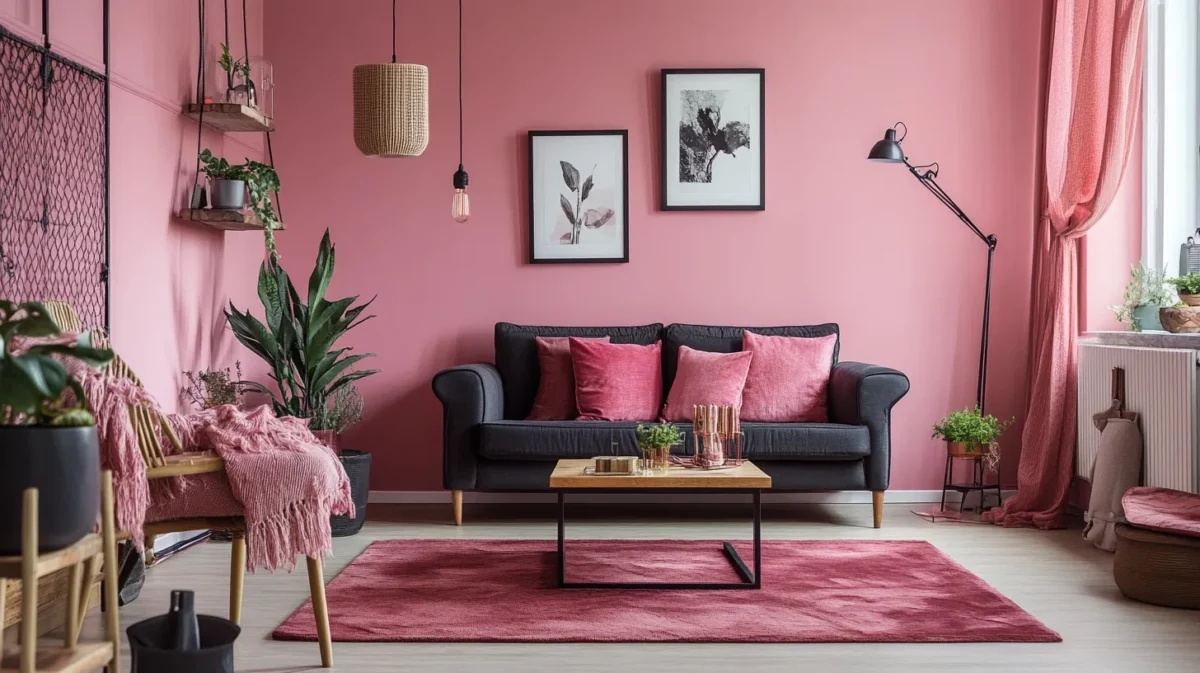 pastel pink and black living room colour combination