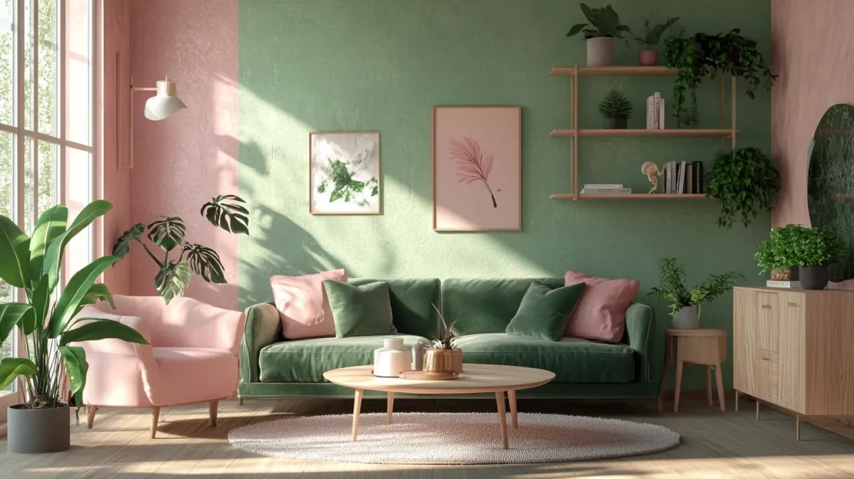 pastel pink and green living room colour combination