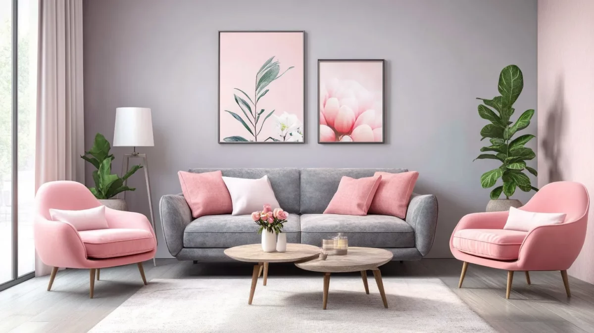 pink grey and sweet onion living room colour combination