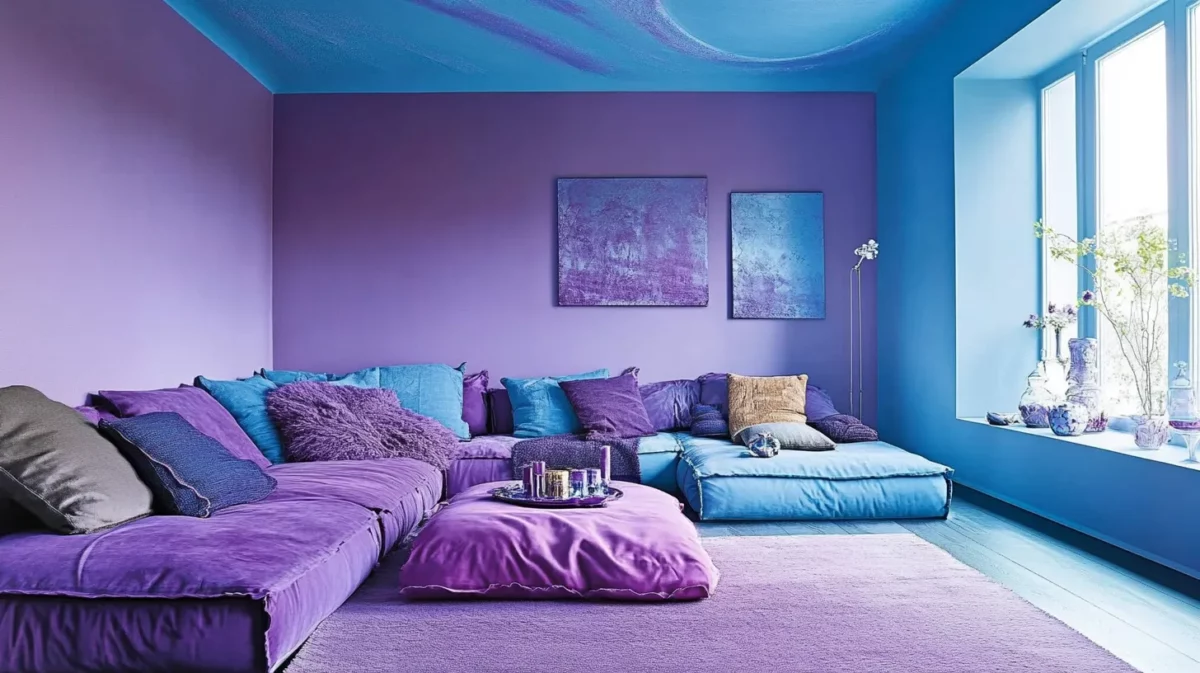 purple and blue living room colour combination