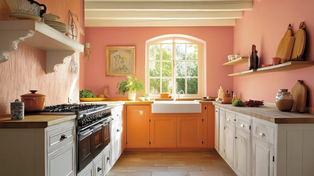 soft pink and a warm orange kitchen wall colour idea