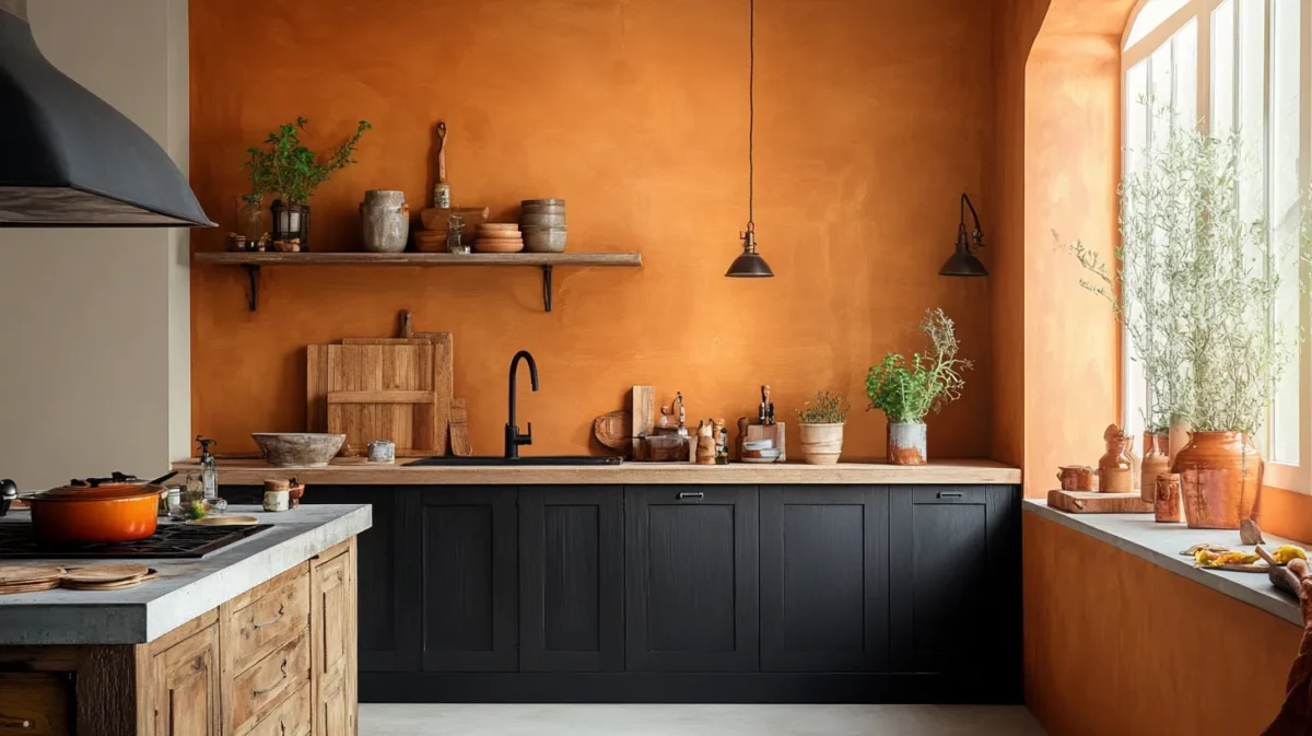 terracotta and marigold kitchen wall painting idea