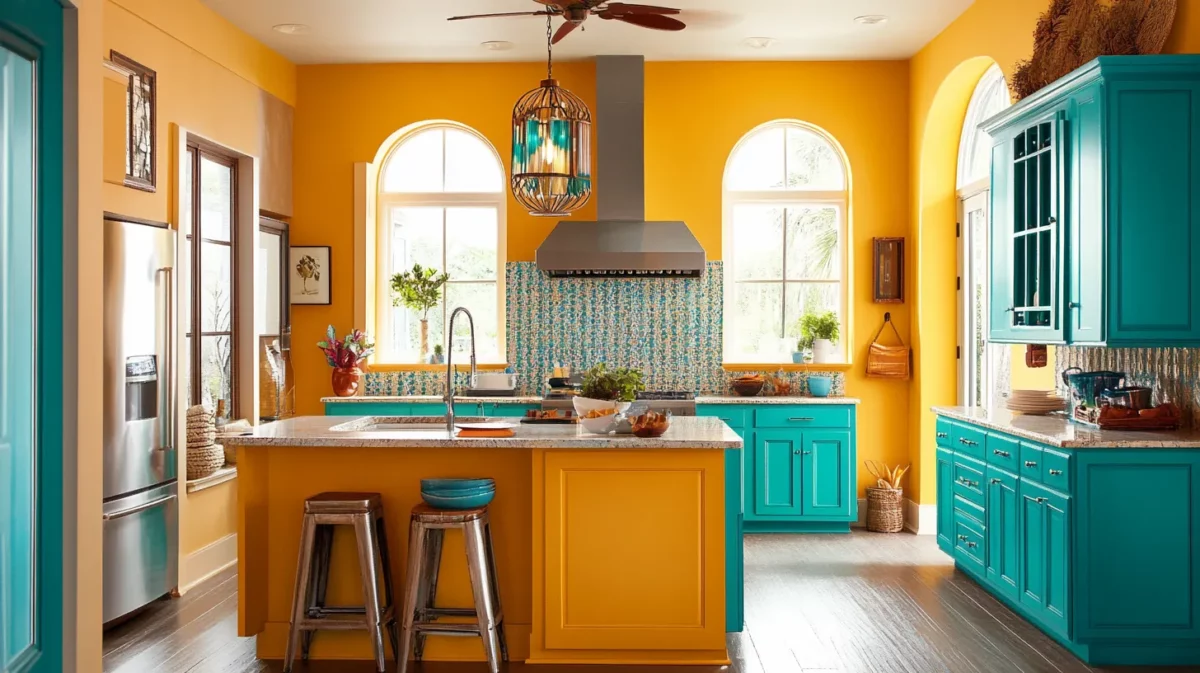 yellow and turquoise small kitchen paint colours