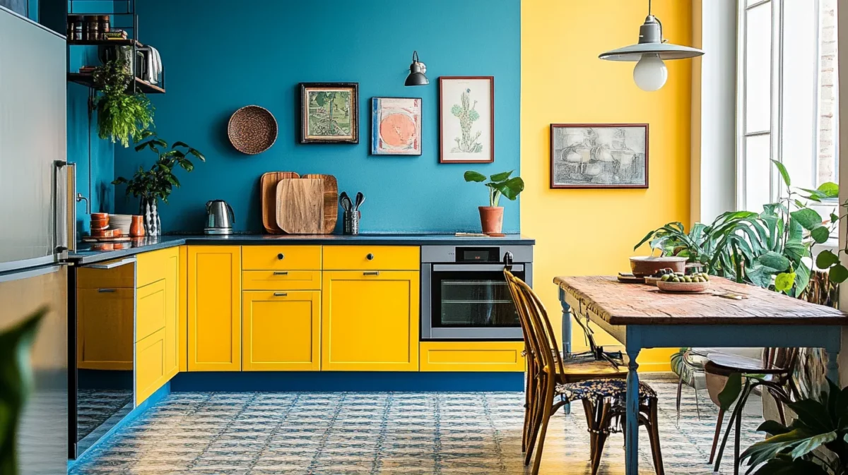 yellow canary and blue kitchen wall colour idea